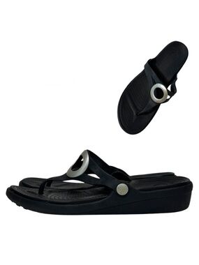 Crocs Women's Size 11 Sanrah Circle Wedge Flip Flops Black Silver Sandals